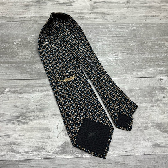 Brioni Navy w/ Tan, Blue & Gold Check Silk Tie - Picture 2 of 5